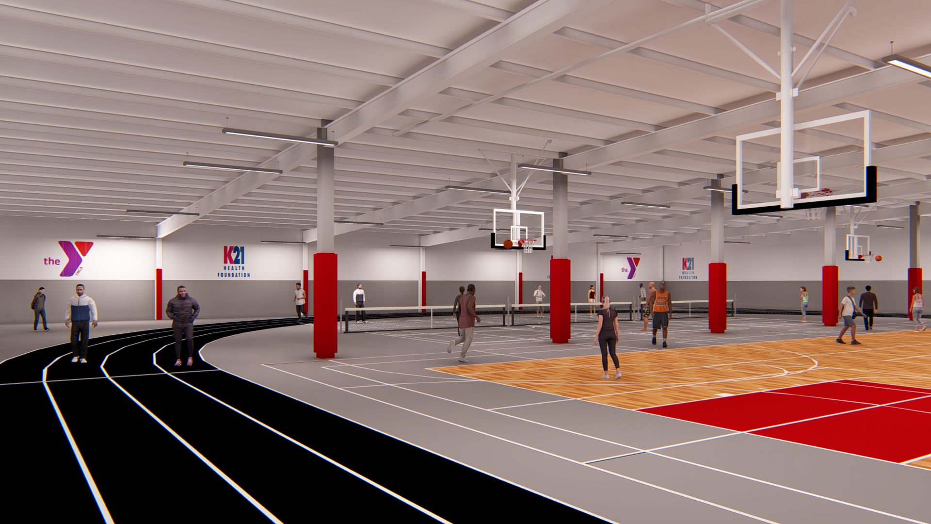 Rendering of health and wellness center track and field and court with dark interior materials, light wood, and red branding elements.