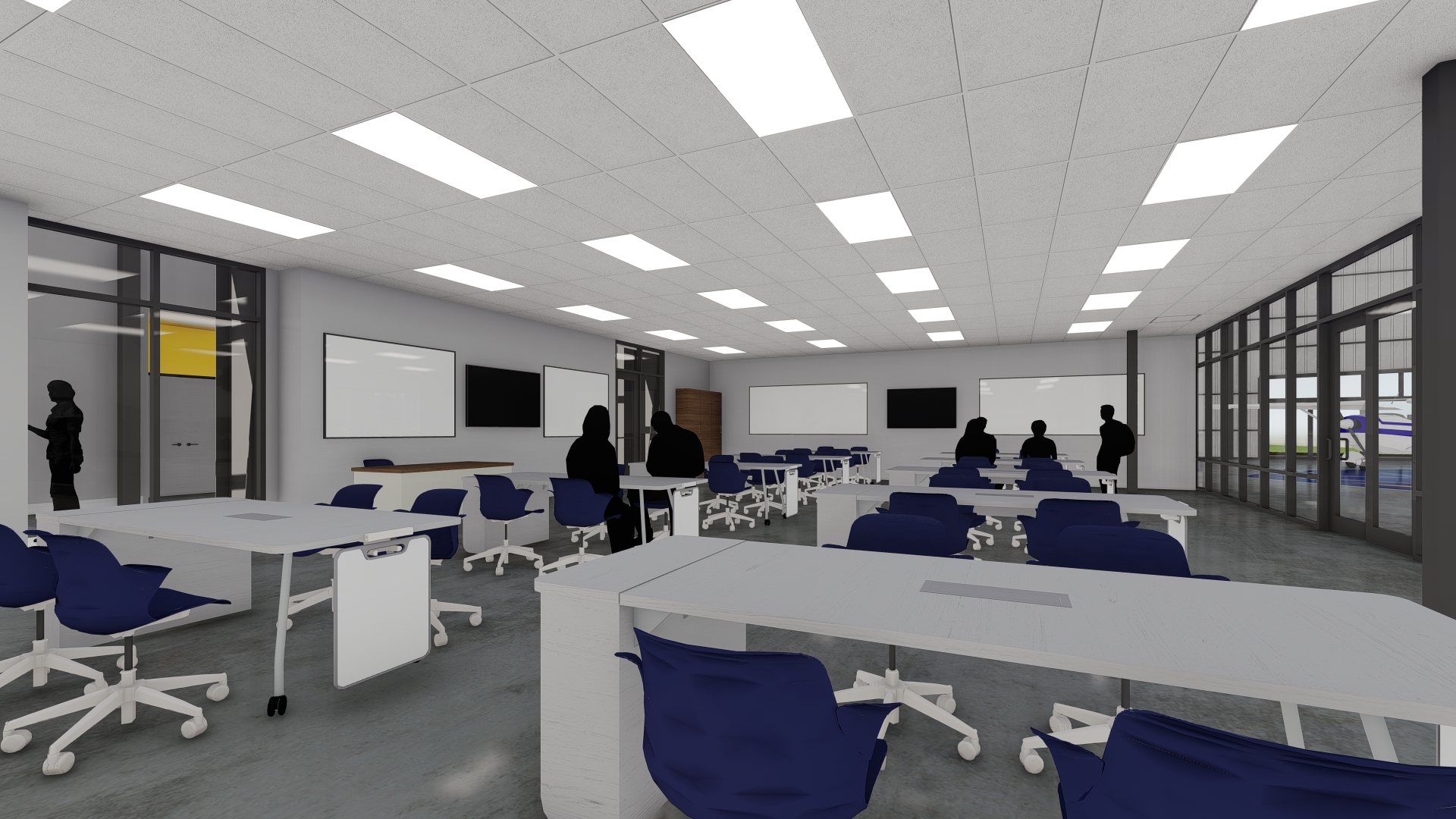 Interior rendering of aviation higher education building classroom.