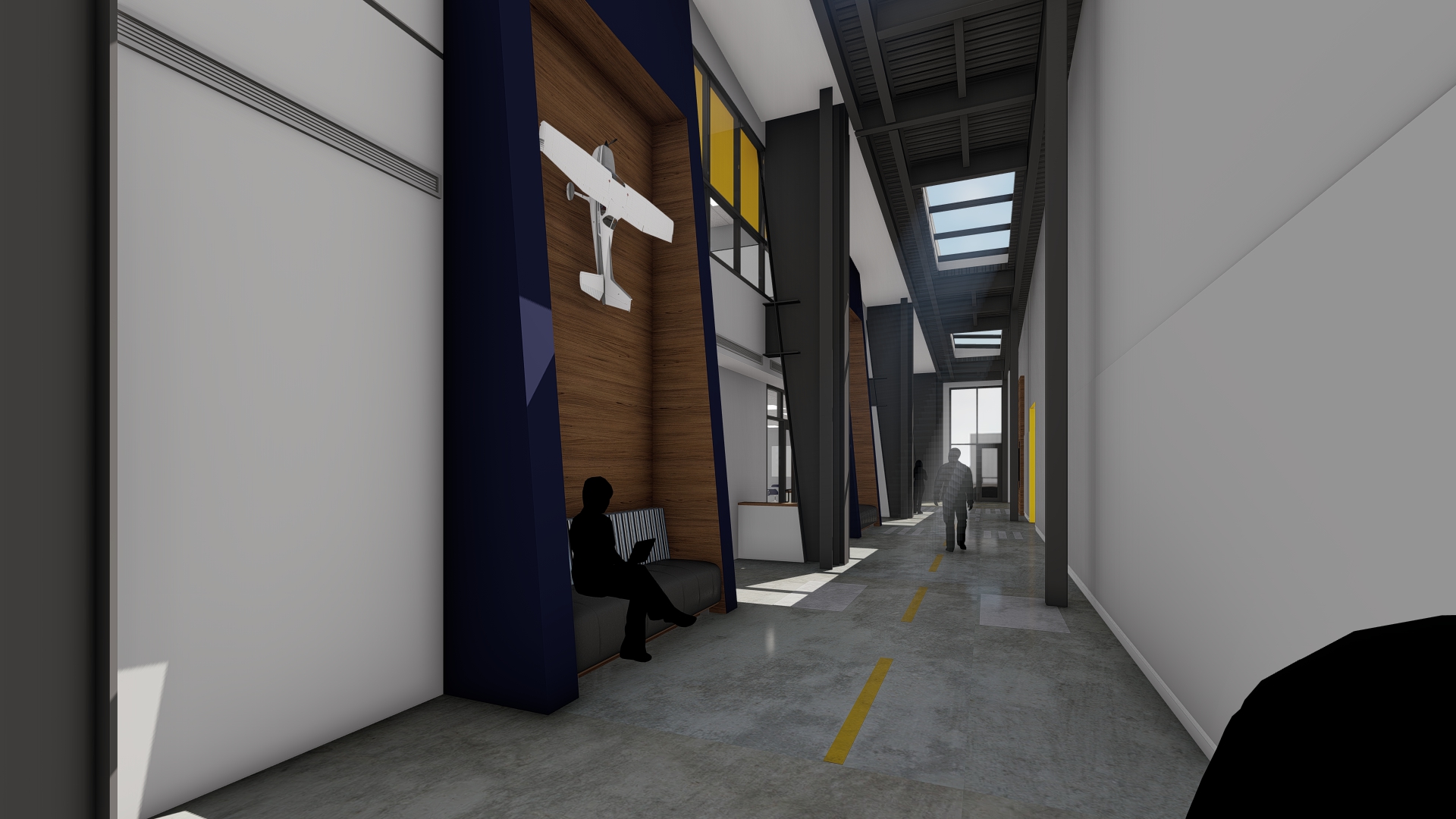 Interior rendering of aviation higher education building.