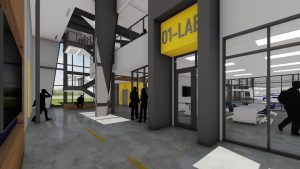 Interior rendering of aviation higher education building lab.