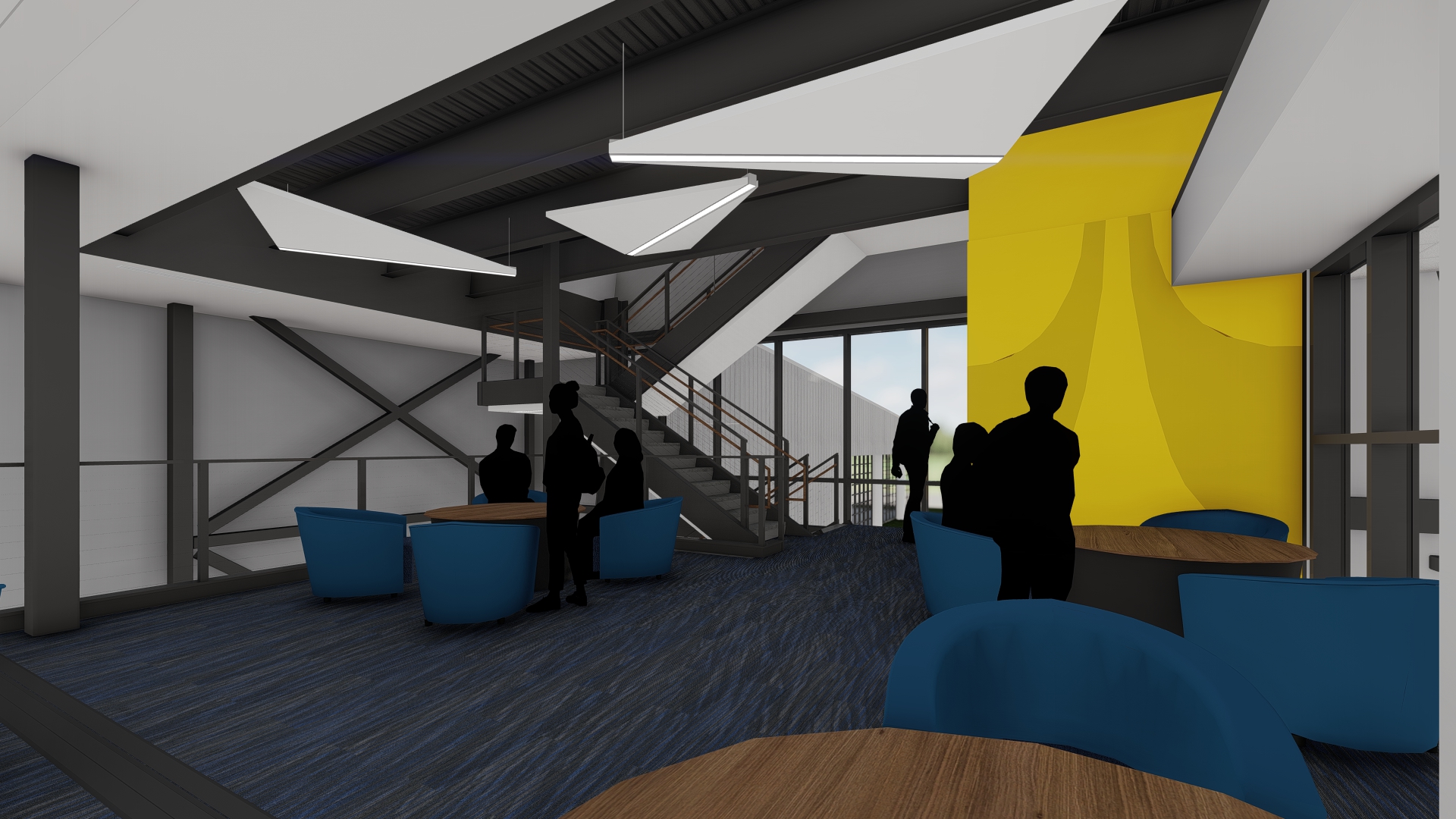 Interior rendering of aviation higher education building student commons.