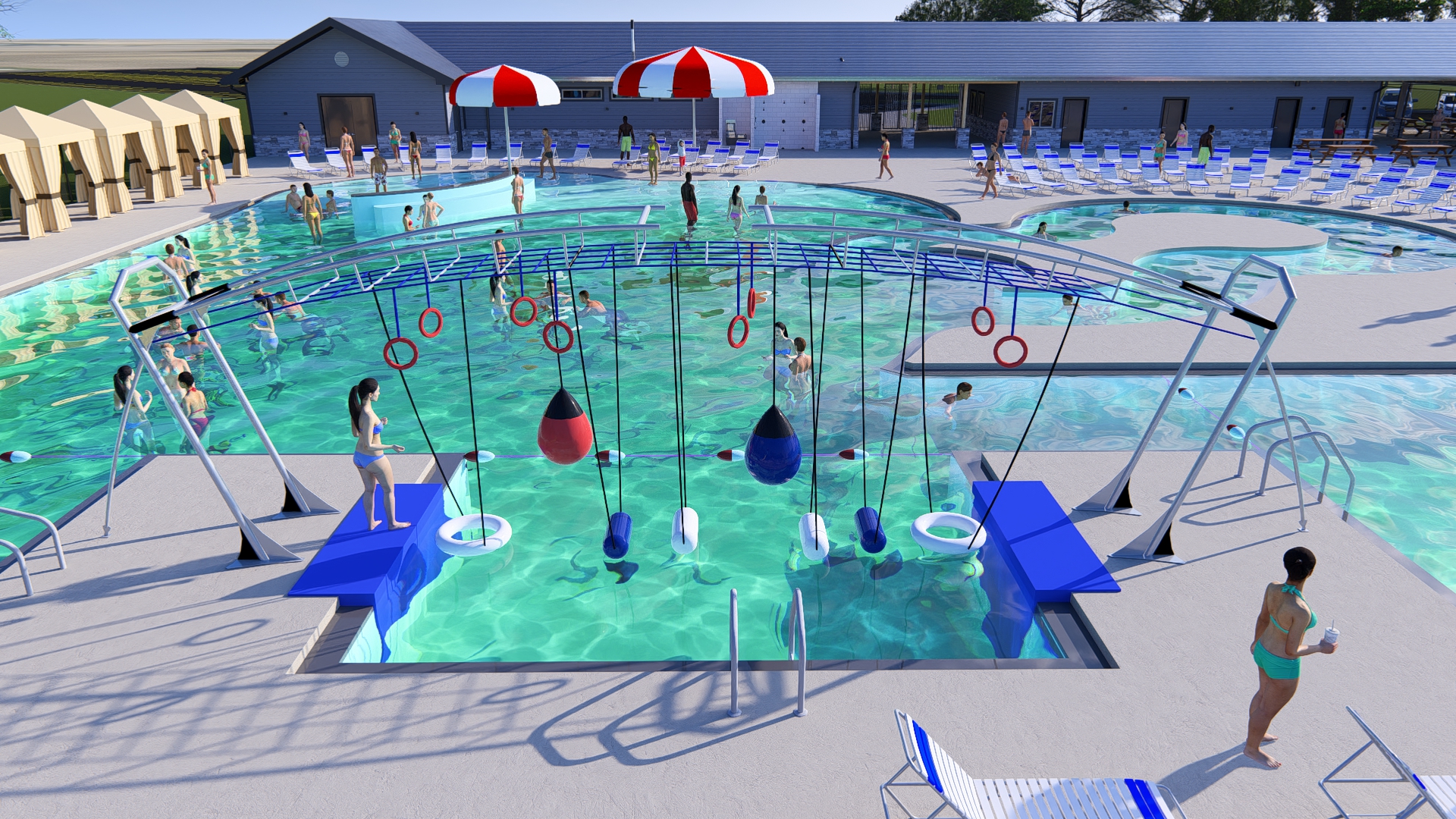 Rendering of pool and ninja warrior climbing zone.