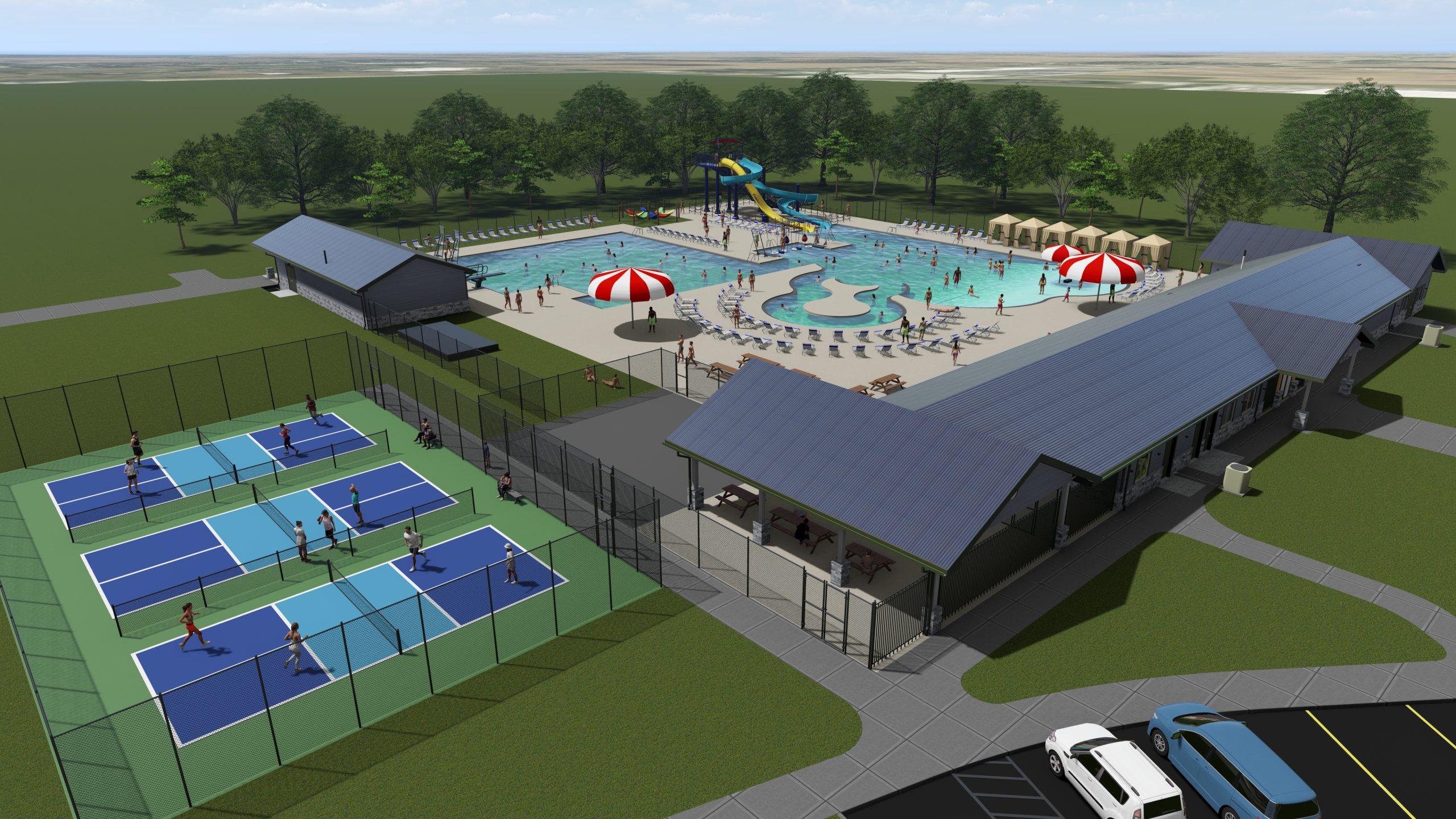 Rendering of pool and pickleball courts with bright red umbrellas and water slides.