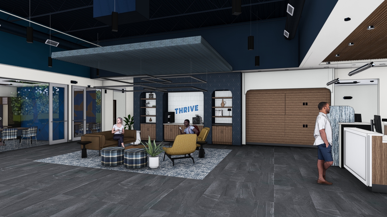 Credit union lobby with lobby seating rendering.