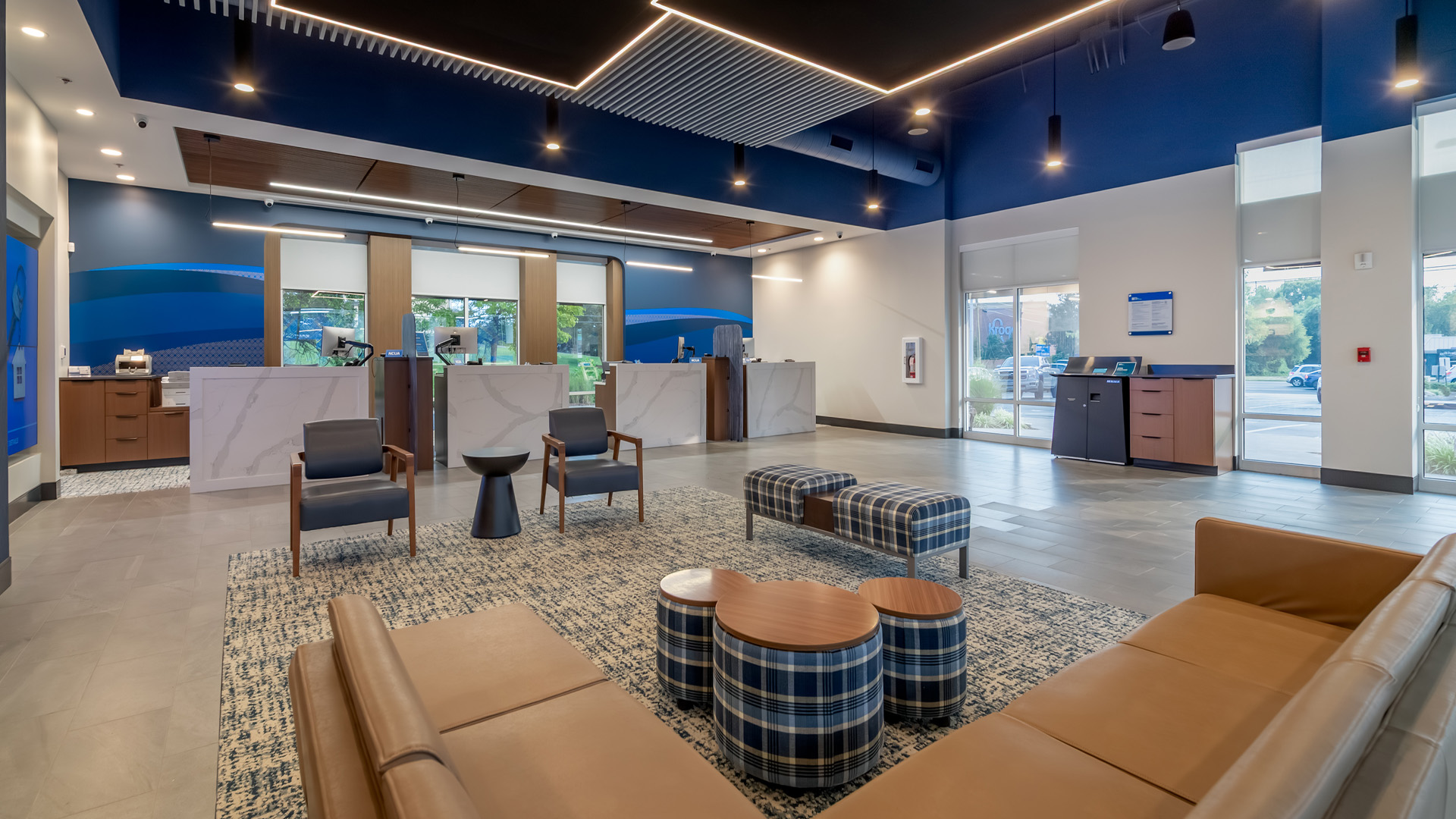 Credit union lobby with private rooms and lobby seating.