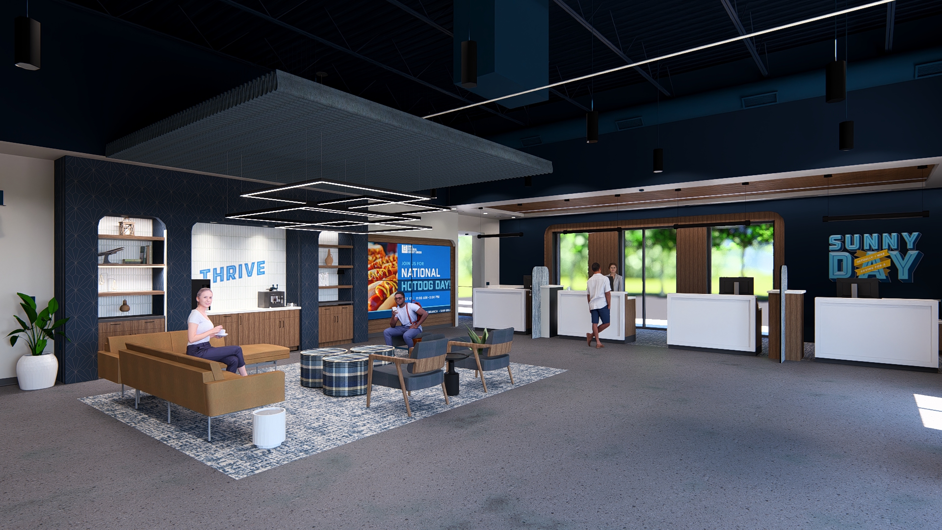 Credit union lobby with teller pods and lobby seating rendering.