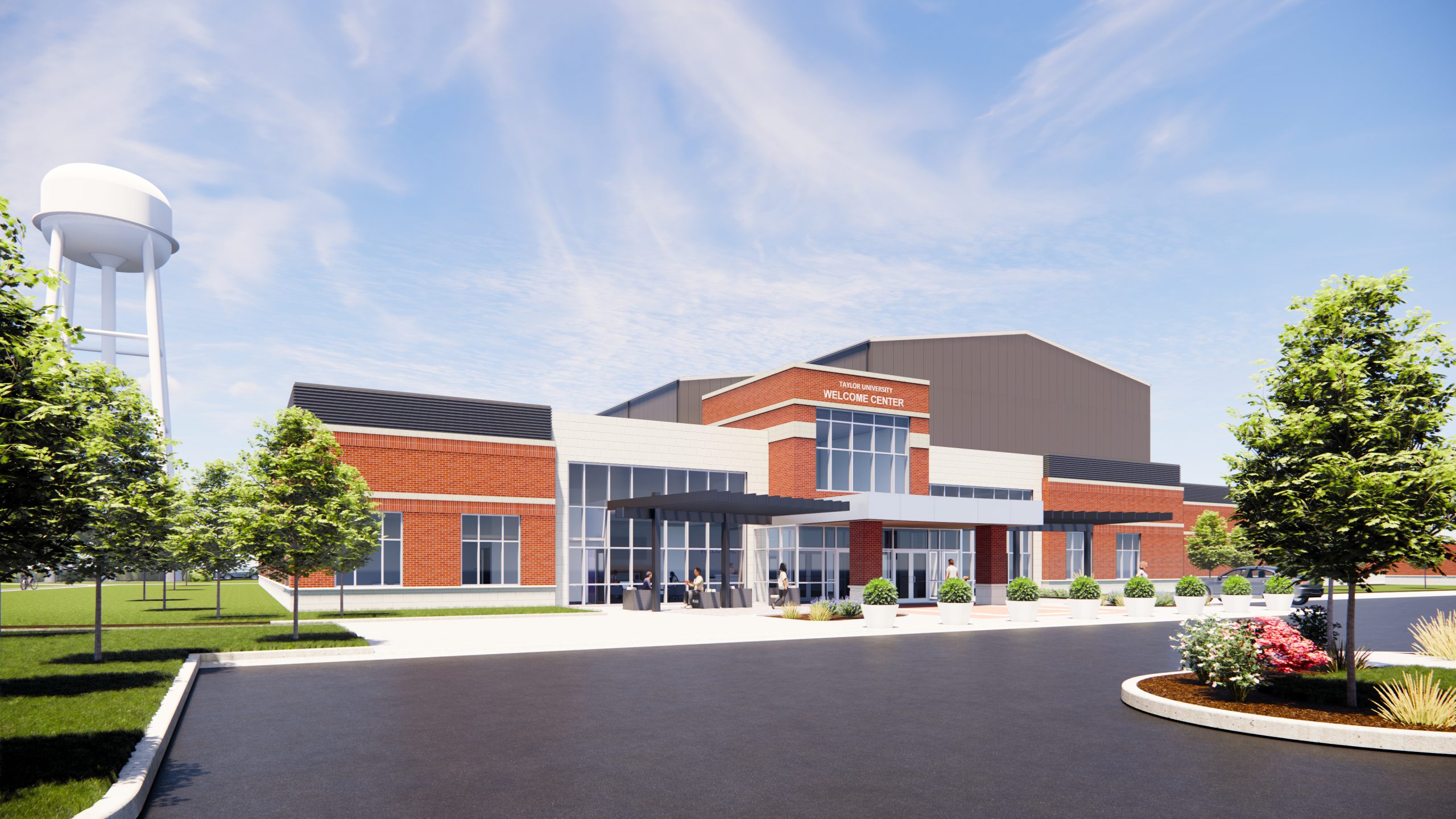 Exterior renderings of welcome center and chapel at Taylor University.