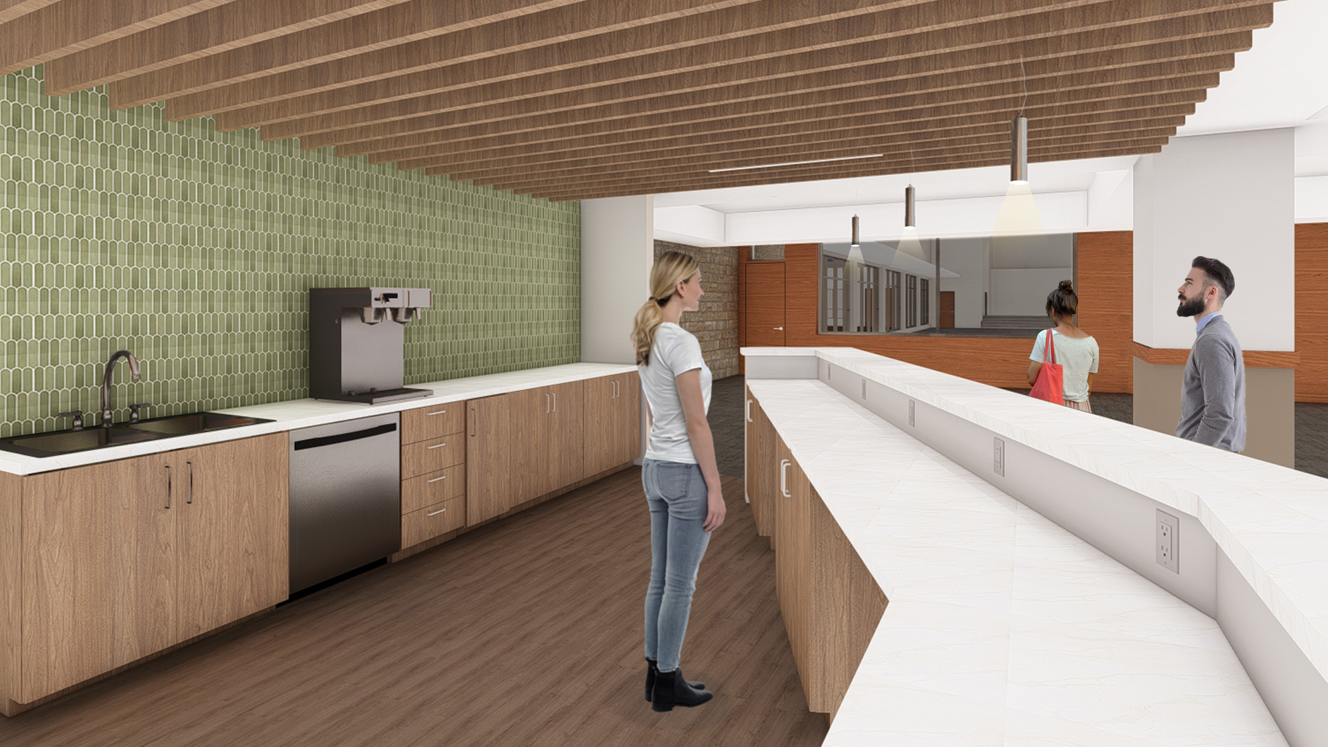 Rendering of a coffee shop inside a k12 facility.