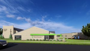 Exterior rendering of a k12 facility with a bold green facade and logo.