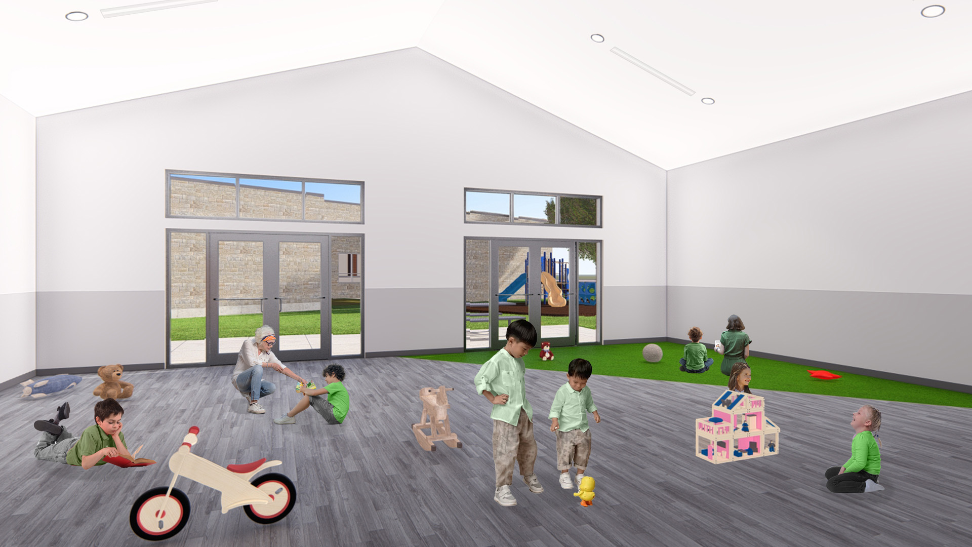 Rendering of a k12 classroom with bright colors and natural daylight.