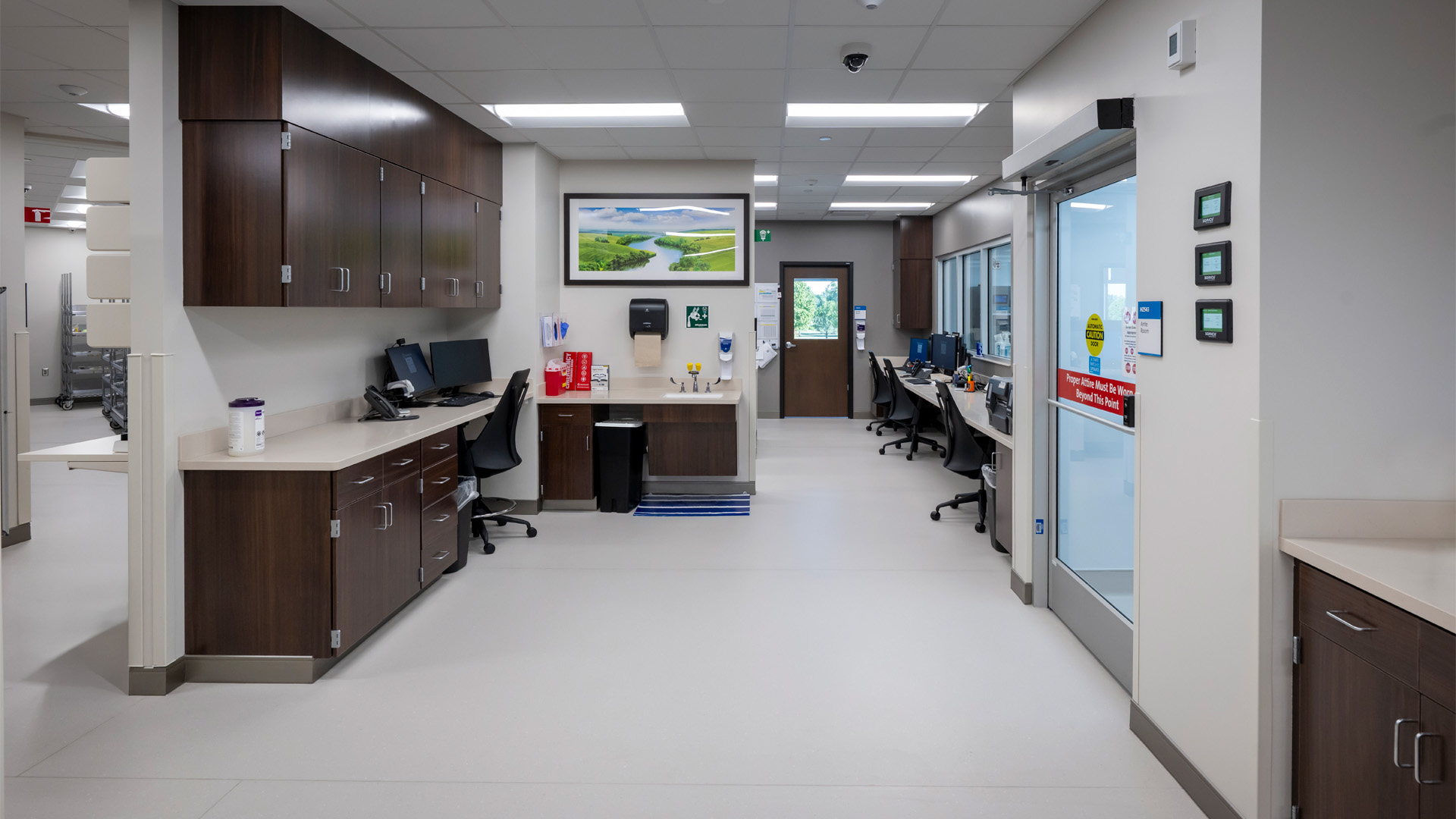 Work stations and storage cabinets in the OhioHealth Van Wert Hospital Pharmacy.