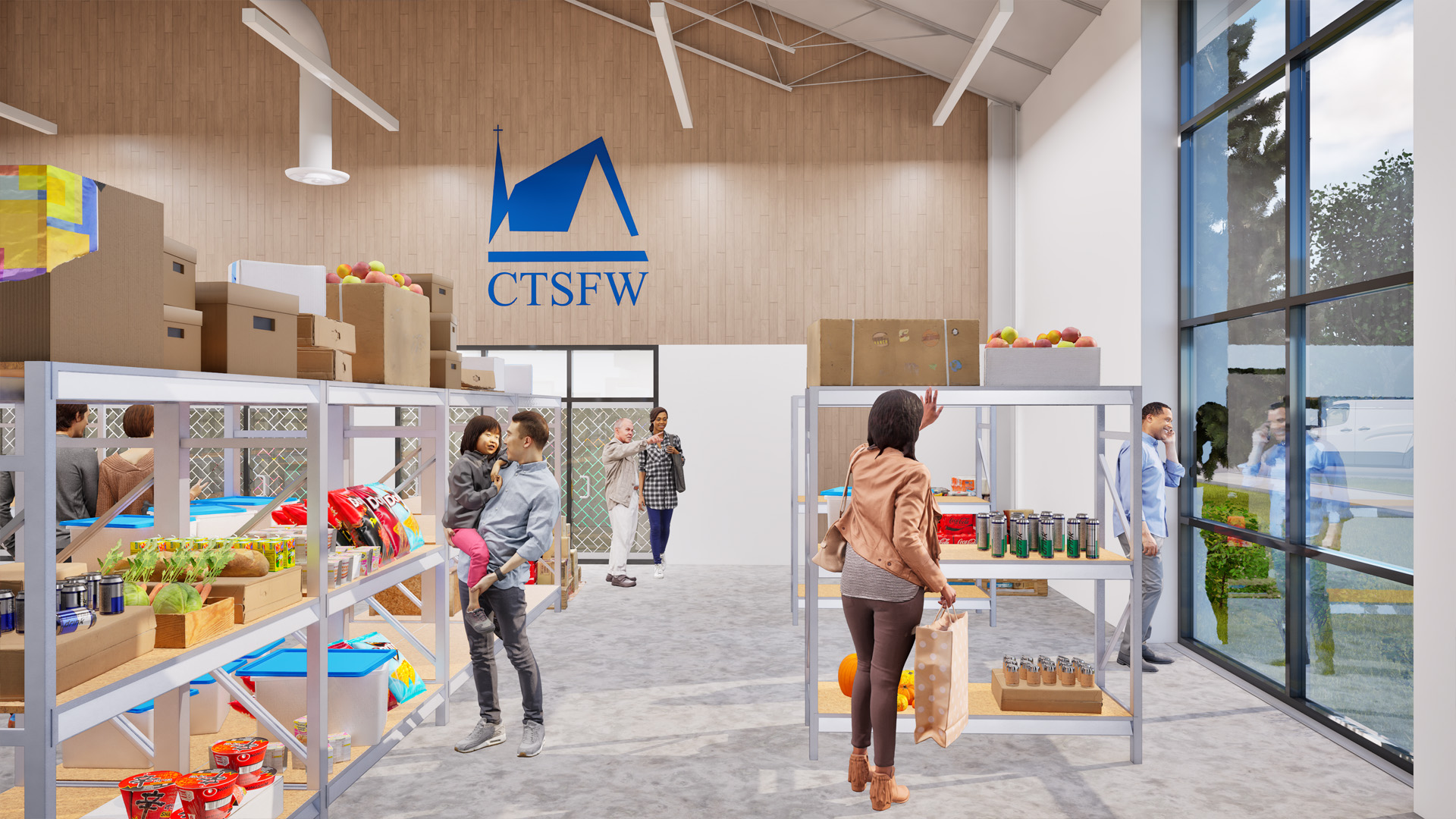 Rendering of a food and clothing co-op shop.