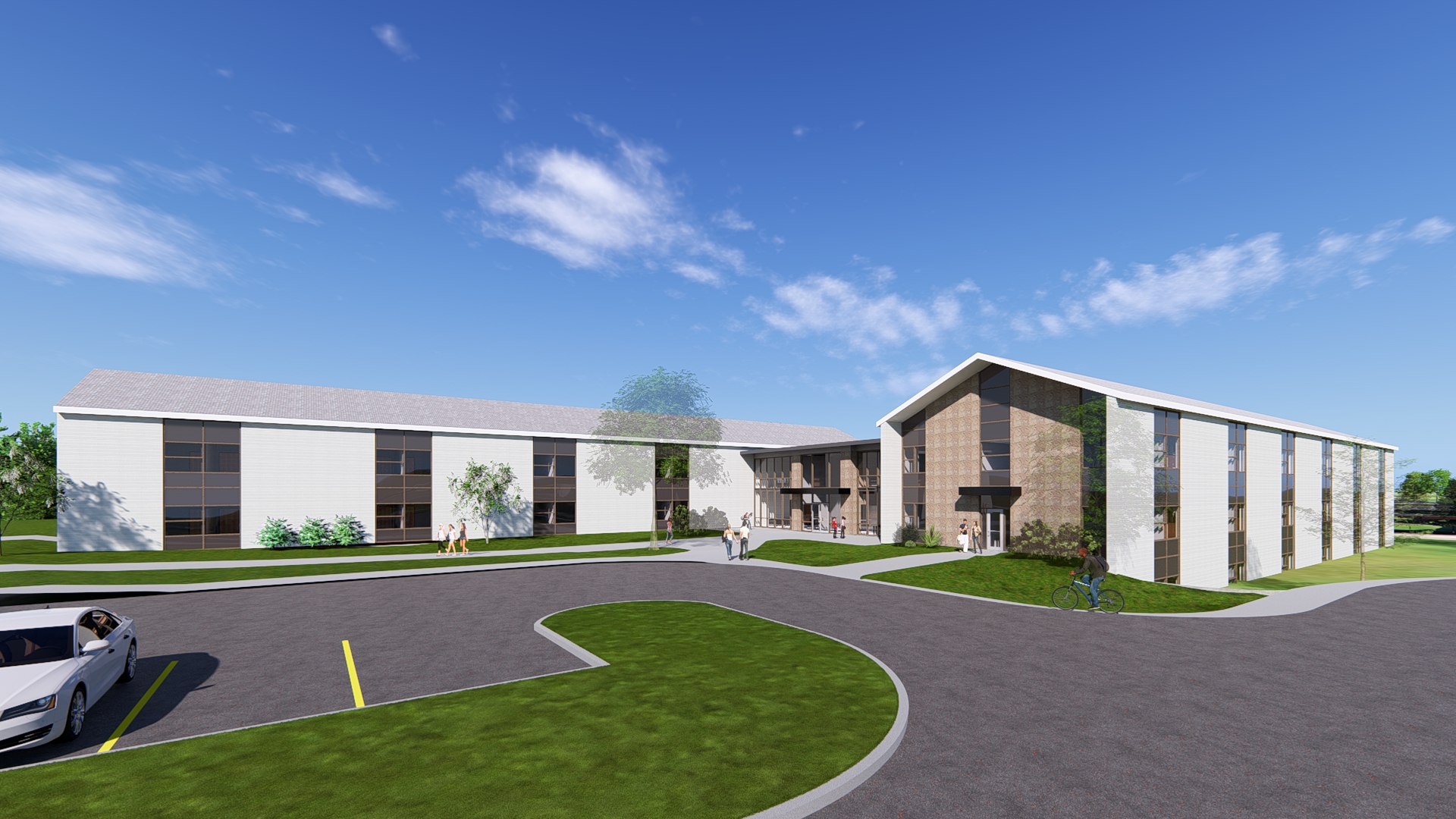 Exterior rendering of a food and clothing co-op shop.