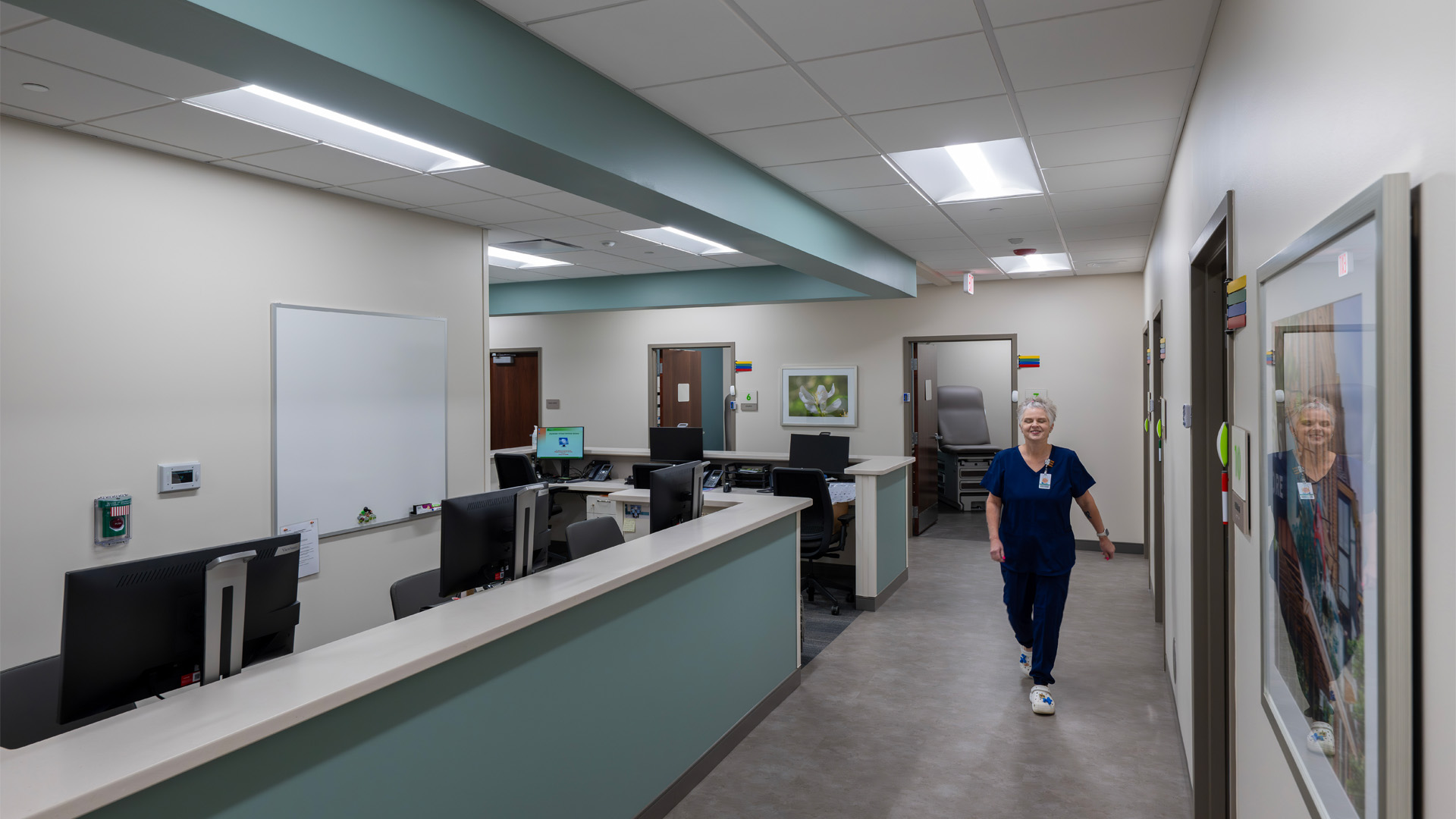 Nurse walking down hallway at Parkview Physicians Group's Warsaw Clinic.