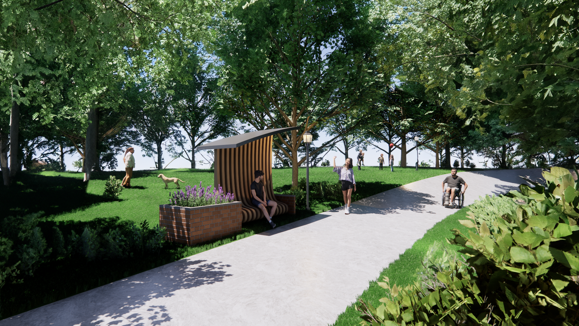 Render by the Fall Design Collaborative Interns of a people enjoying a park with a path and bench along it.