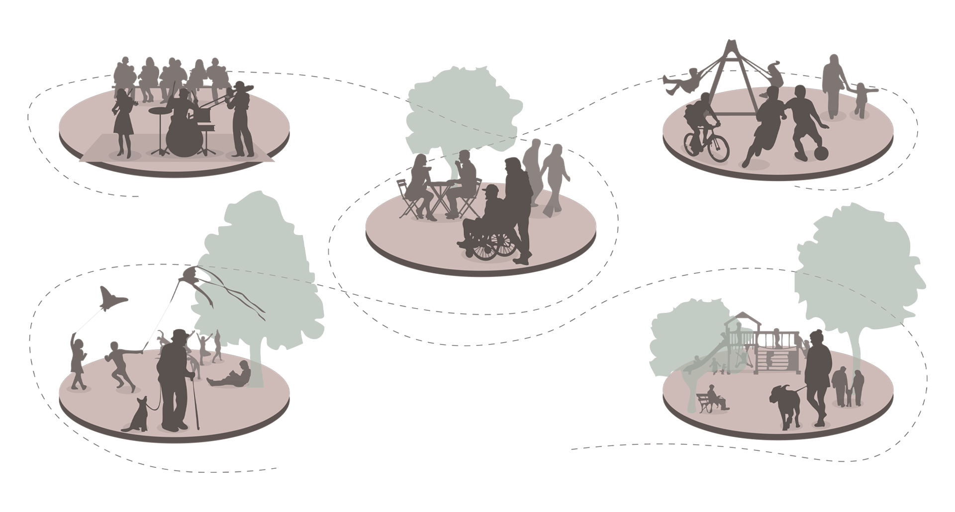 Illustrations of activities for all ages to enjoy outside at the 07 crossroads.