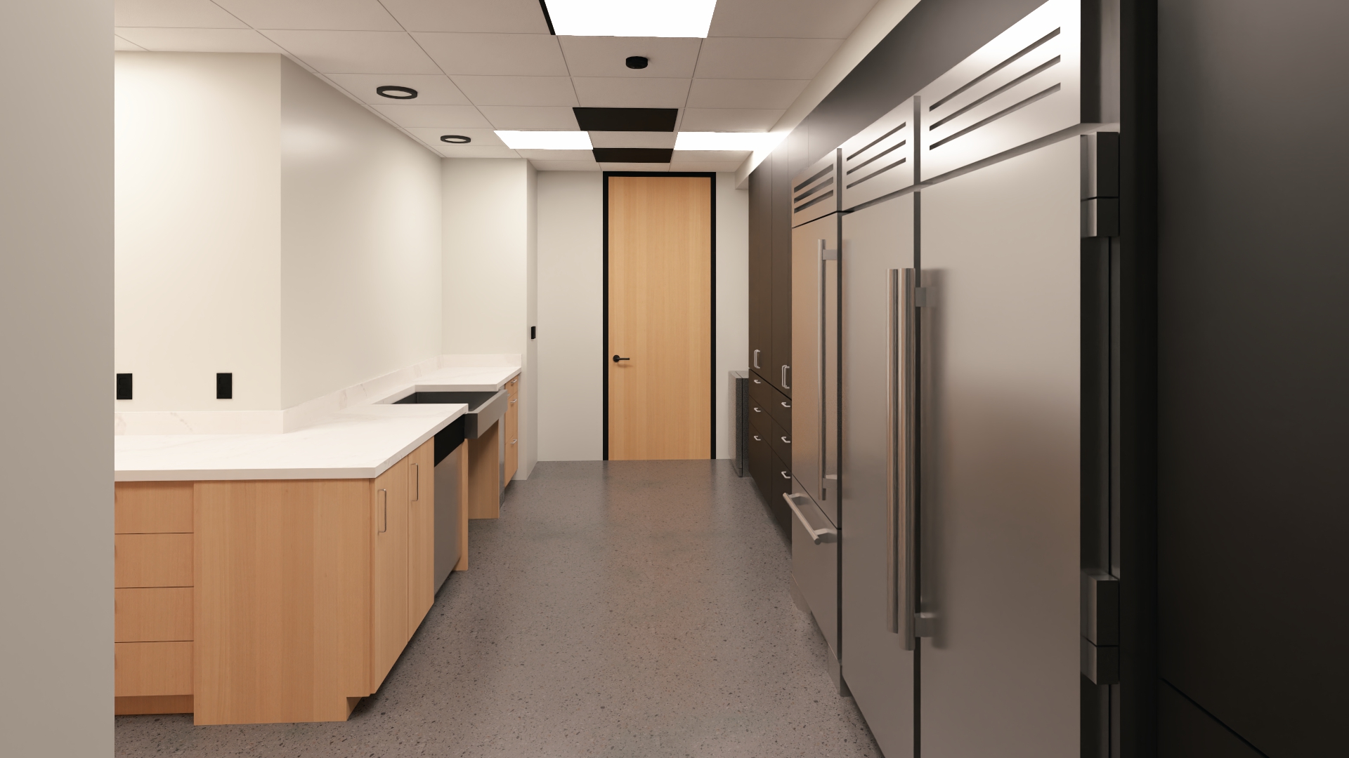 Rendering of Design Collaborative’s renovated Fort Wayne office showing an employee kitchen.