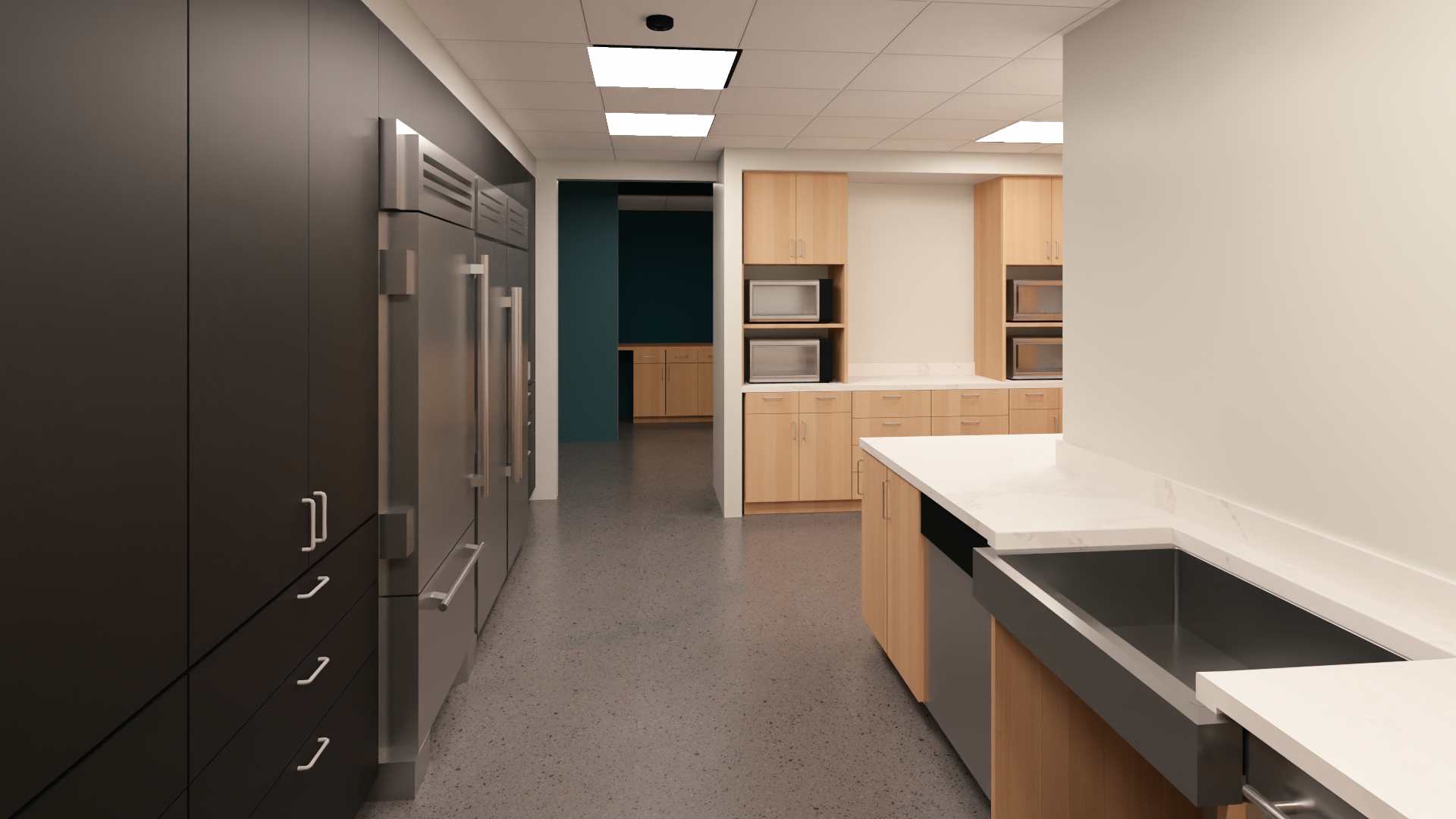 Rendering of Design Collaborative’s renovated Fort Wayne office showing an employee kitchen.