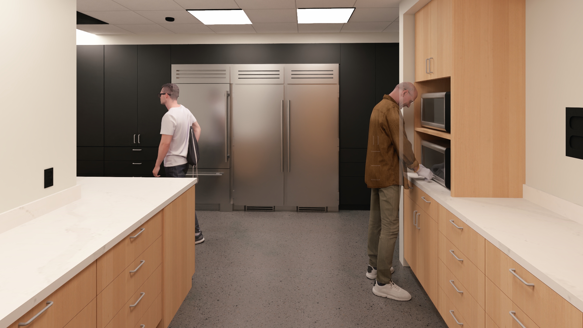 Rendering of Design Collaborative’s renovated Fort Wayne office showing an employee kitchen.