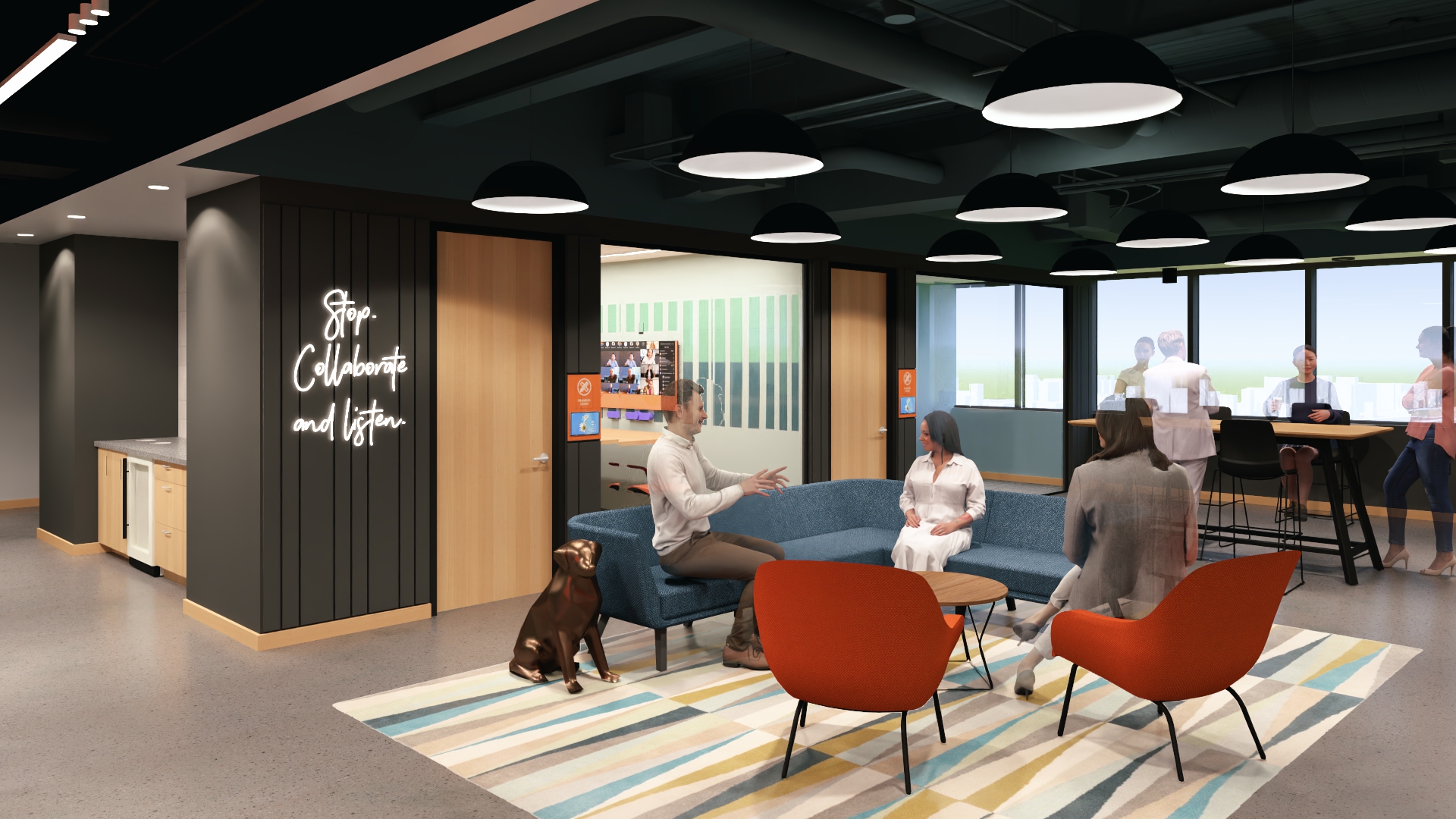 Rendering of Design Collaborative’s renovated Fort Wayne office showing a bright community hub with a long central island, orange seating, round café tables, and a colorful geometric mural along the back wall. People are gathered, talking, and working throughout the space.