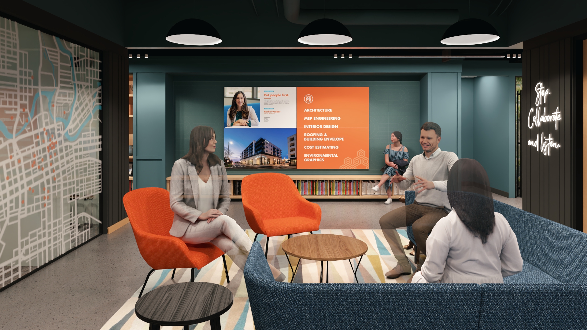 Rendering of Design Collaborative’s renovated Fort Wayne office showing a bright sitting area in a lobby.