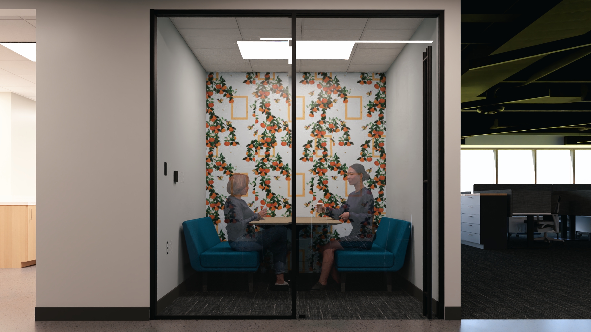 Rendering of Design Collaborative’s renovated Fort Wayne office showing private phone booths with fun wall paper.