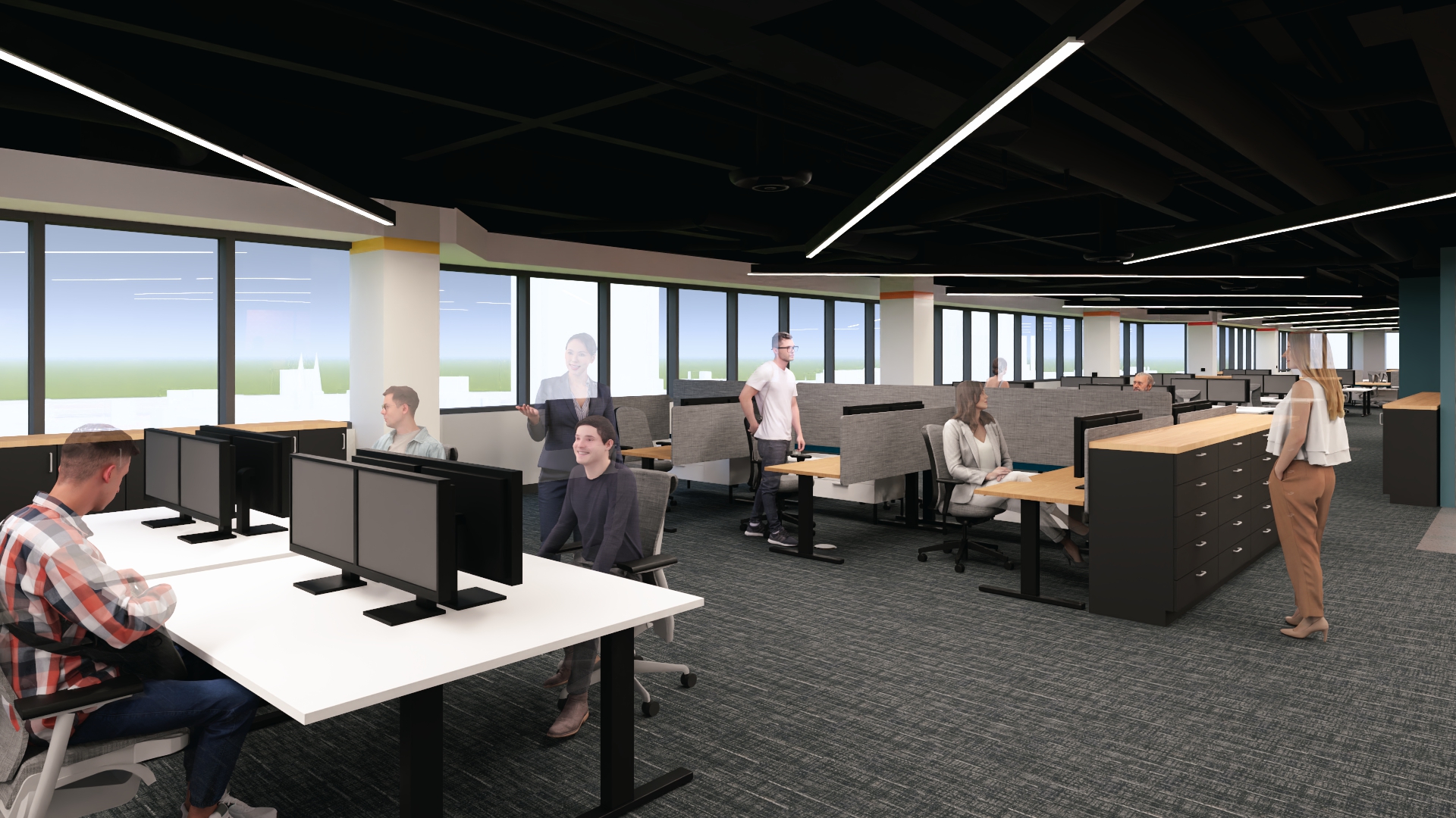 Rendering of Design Collaborative’s renovated Fort Wayne office showing employee workspaces, private workrooms, and collaboration stations.