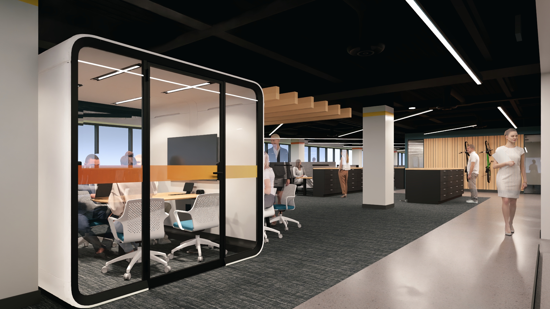 Rendering of Design Collaborative’s renovated Fort Wayne office showing employee workspaces, private workrooms, and collaboration stations.