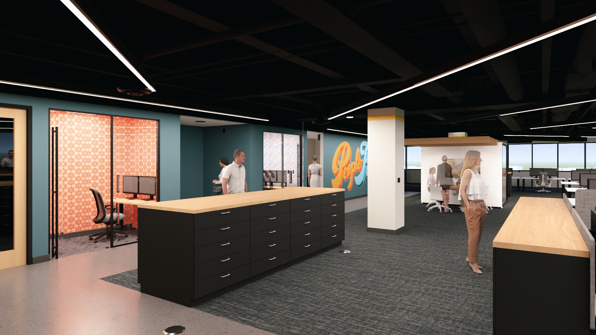 Rendering of Design Collaborative’s renovated Fort Wayne office showing employee workspaces, private workrooms, and collaboration stations.