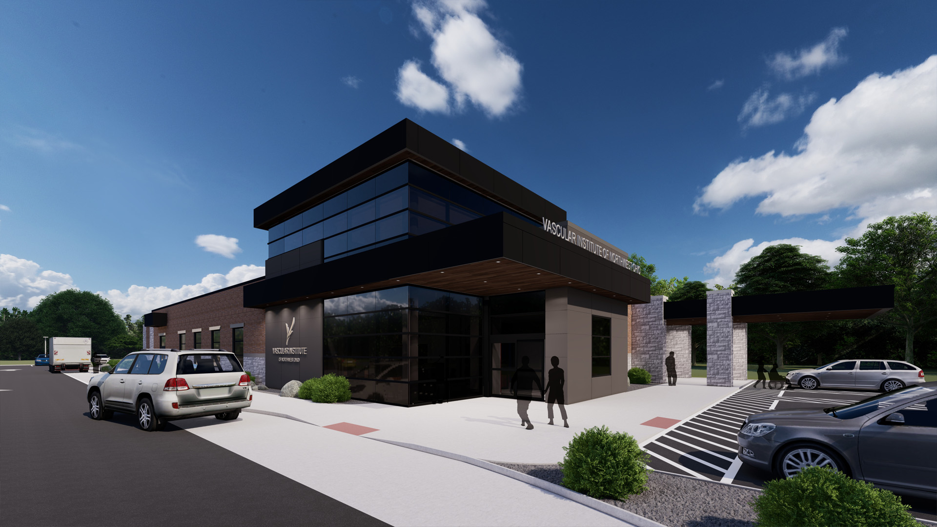 Endovasular surgery center rendering with large glass windows, modern, clean design.