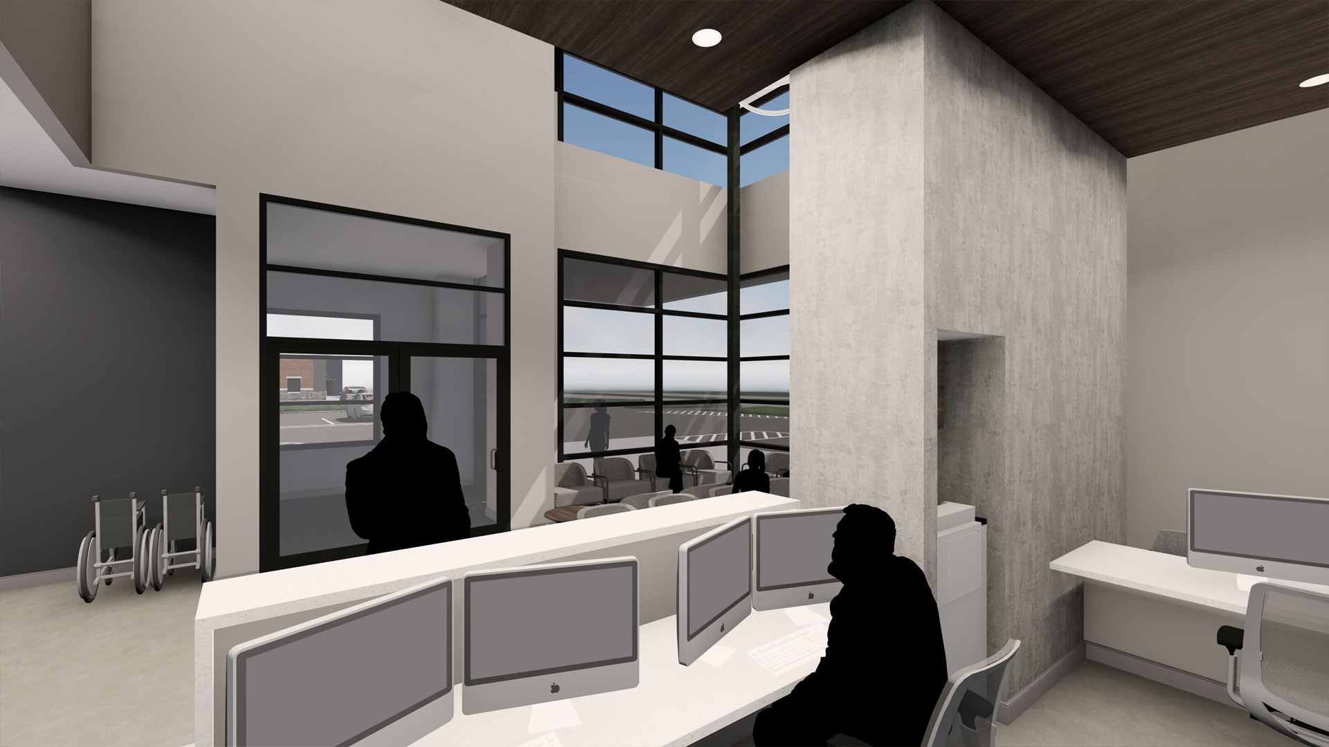 Endovasular surgery center lobby rendering with large glass windows, modern, clean design.