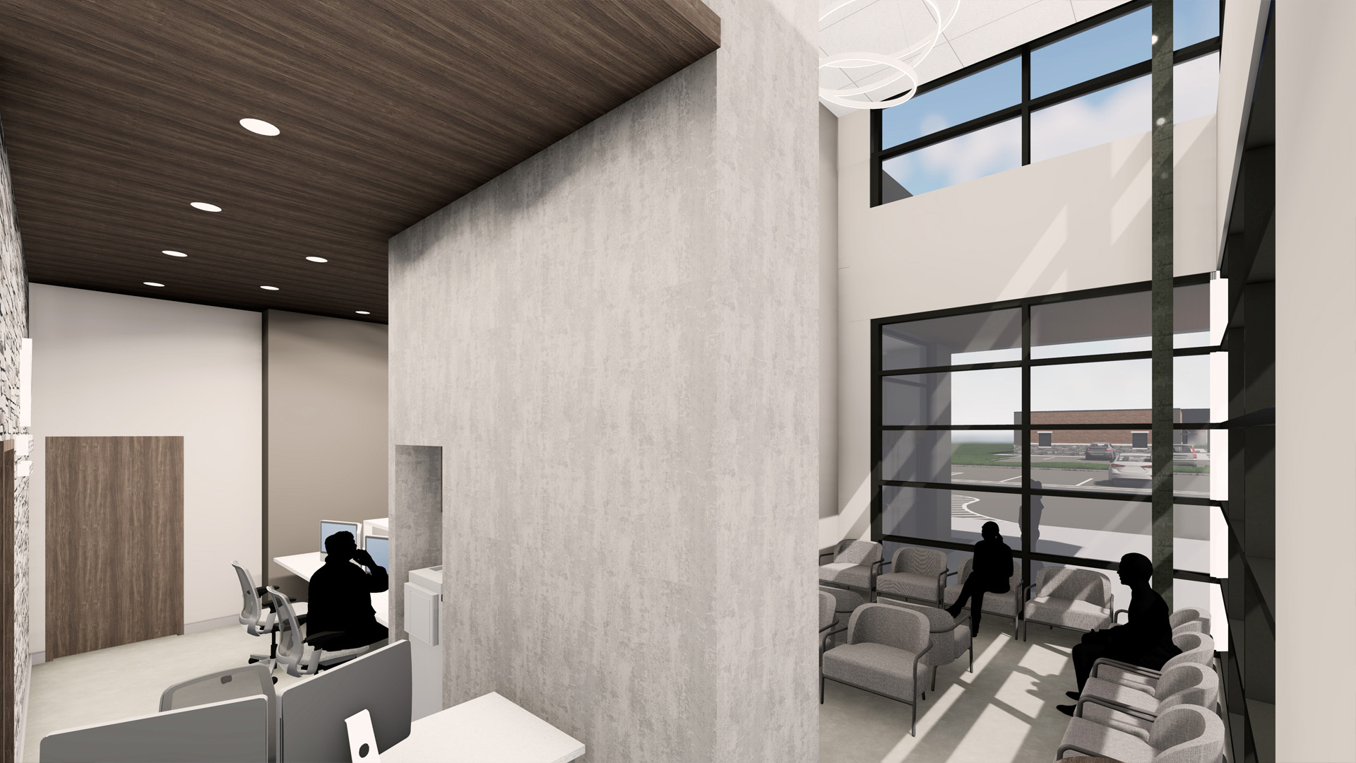 Endovasular surgery center lobby rendering with large glass windows, modern, clean design.