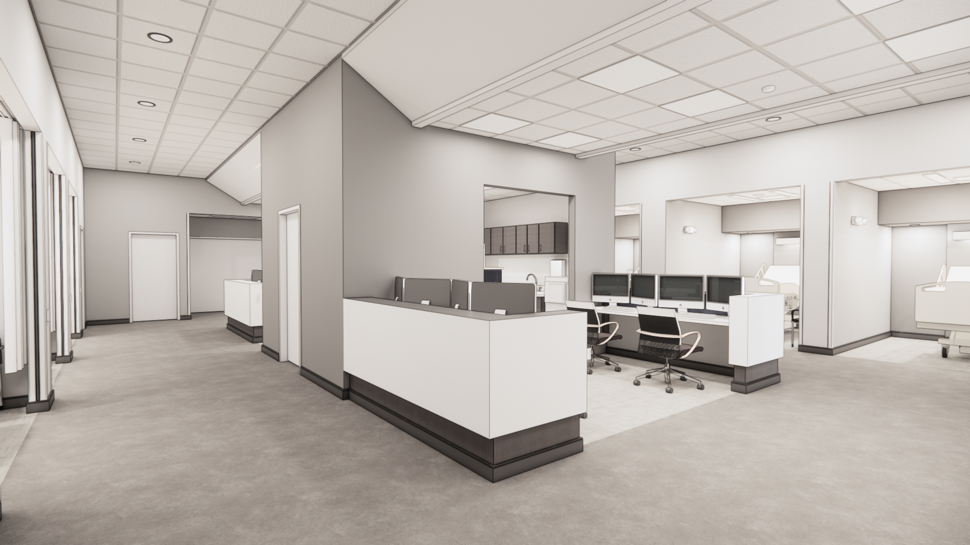 Endovasular surgery center nurses station rendering with large glass windows, modern, clean design.