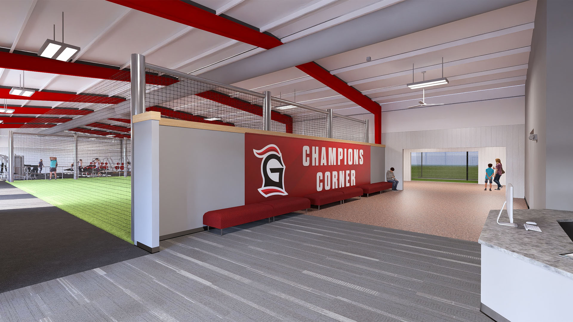 Design Rendering of the Grace College Fieldhouse with branded wall.