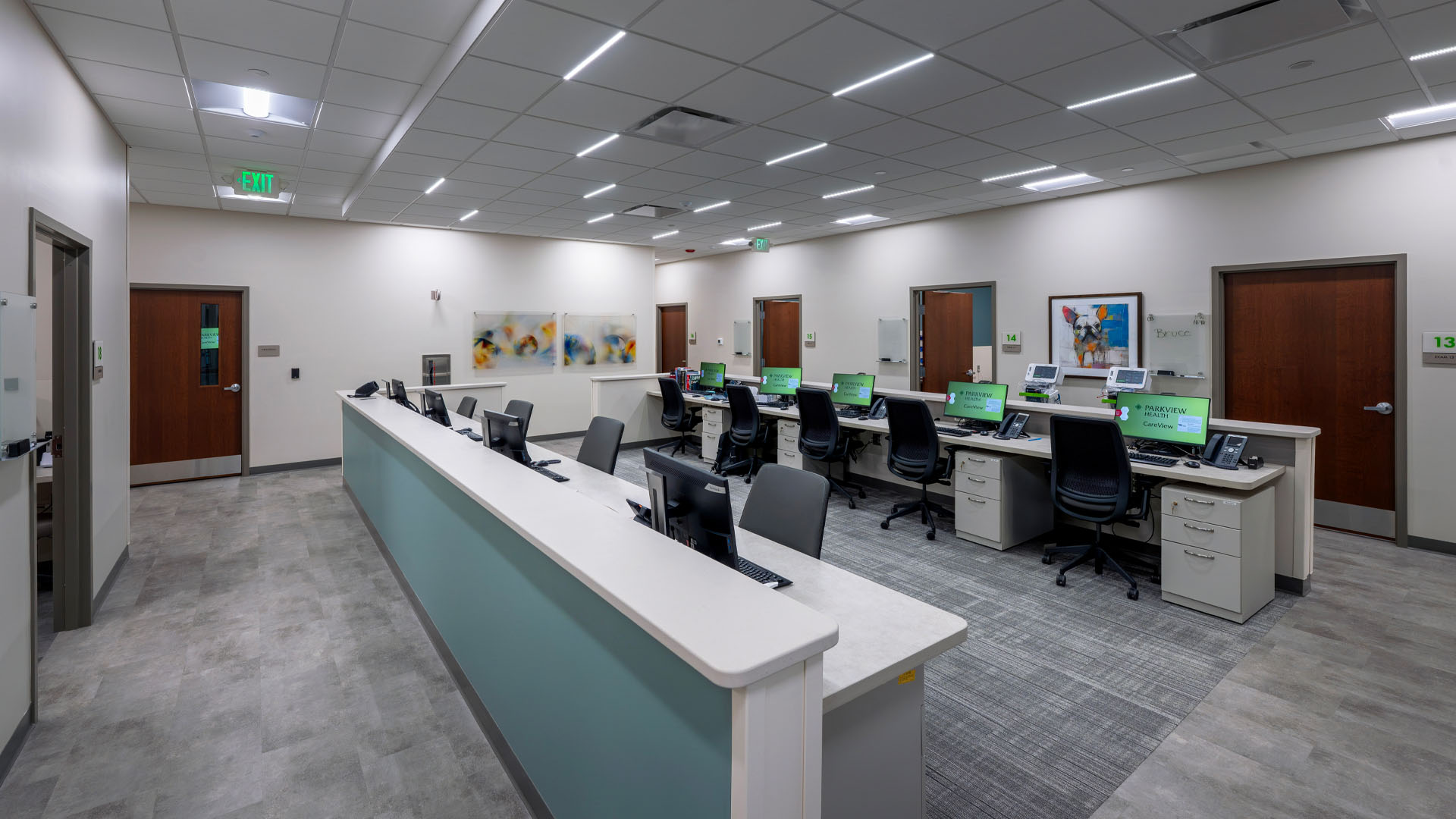 Nurses work stations in an open layout at Parkview Physicians Group Marion Clinic.