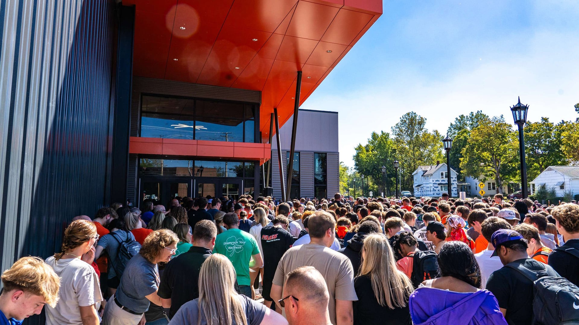 Large crowd of people wait in anticipation to see Heidelberg University's newly built Frann’s Fieldhouse.