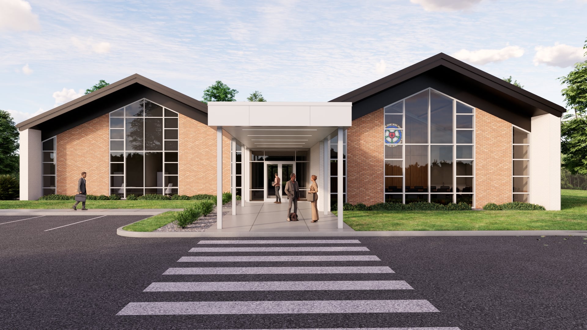 Design rendering made by Design Collaborative of front entrance of The Lutheran Foundation Offices.