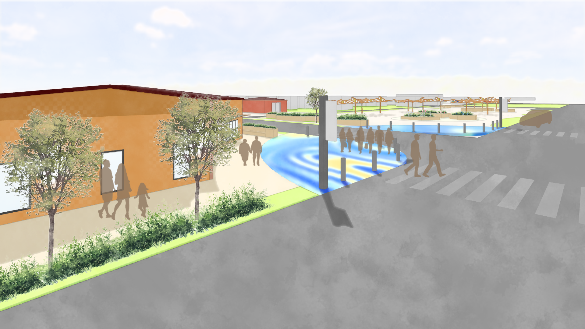 Rendering of retail spaces, crosswalk and canopies from the Design Collaborative Spring 2026 Intern Project.
