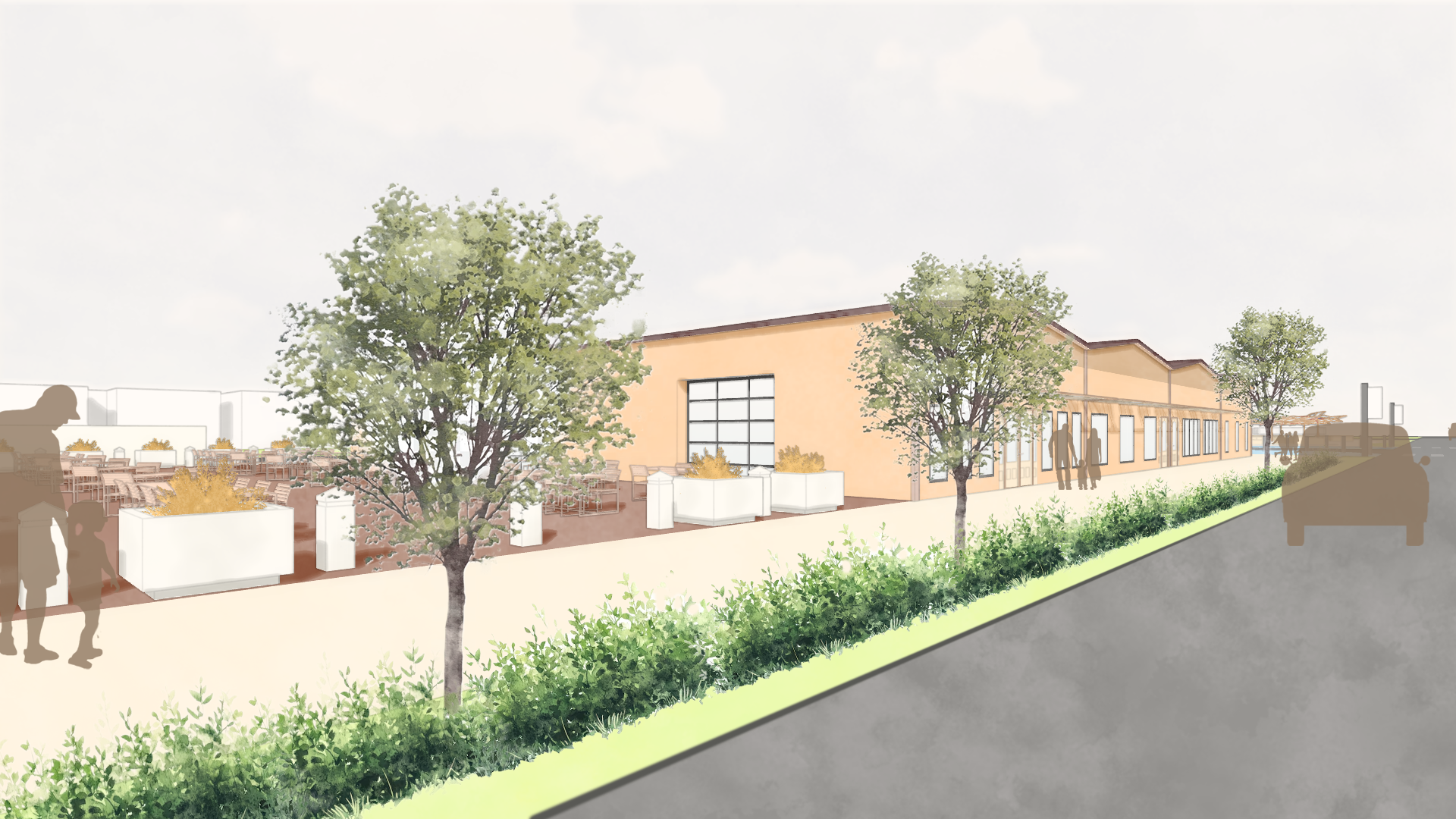 Rendering of retail spaces and sidewalk from the Design Collaborative Spring 2026 Intern Project.