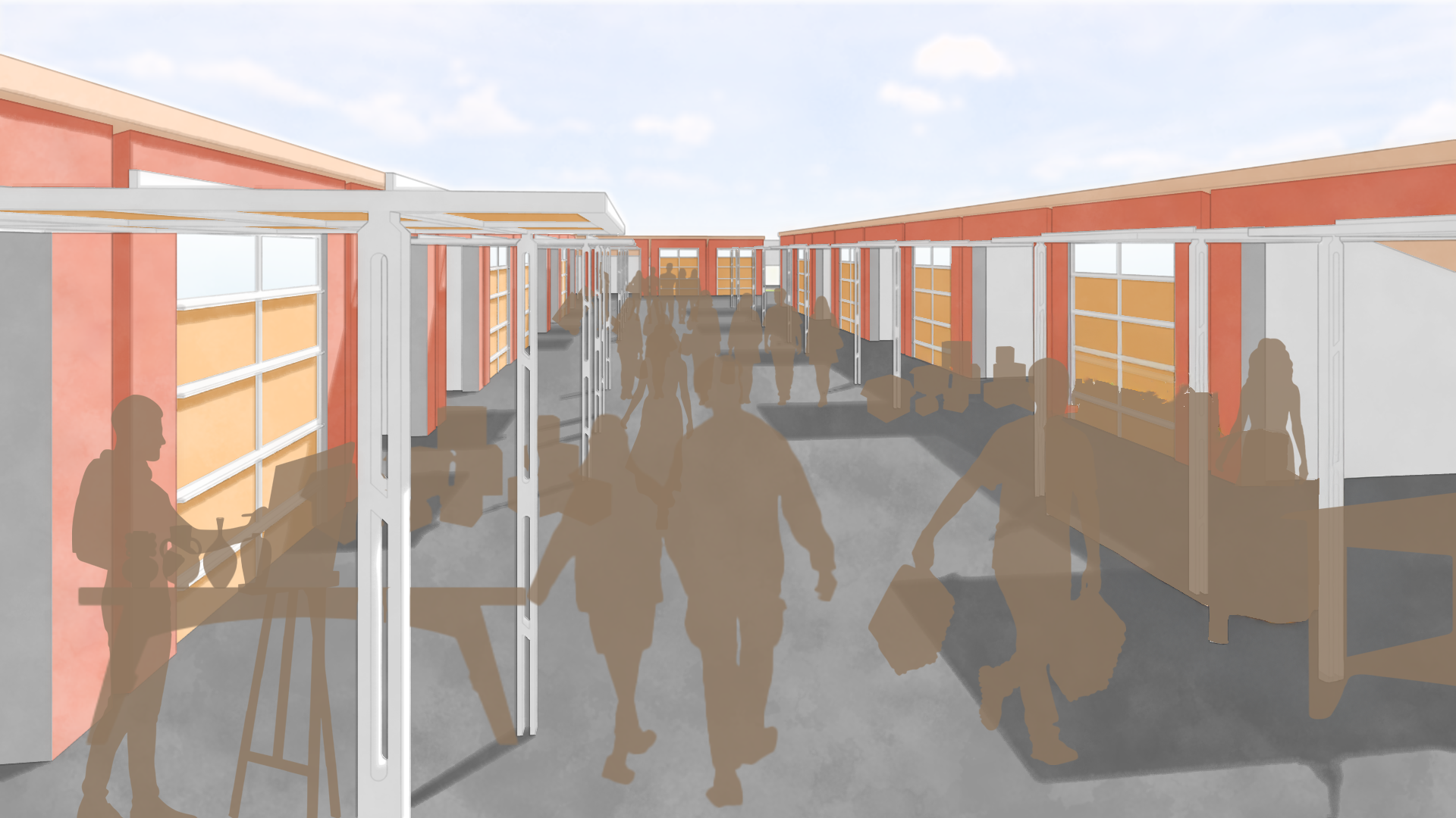 Rendering of vender stalls from the Design Collaborative Spring 2026 Intern Project.