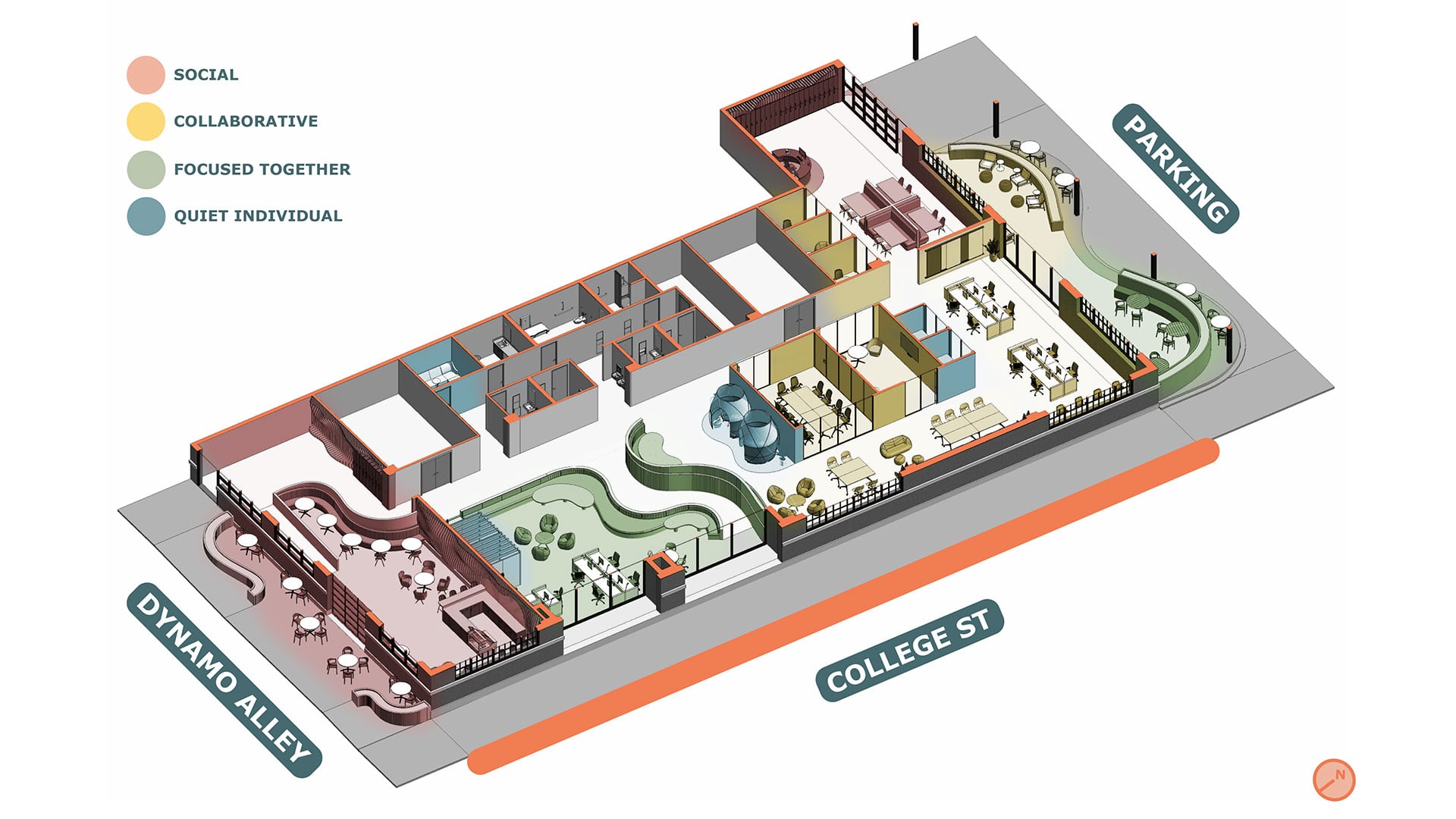 Ball State architecture senior thesis project rendering of the Station 27 building zones by Kayla Desper.